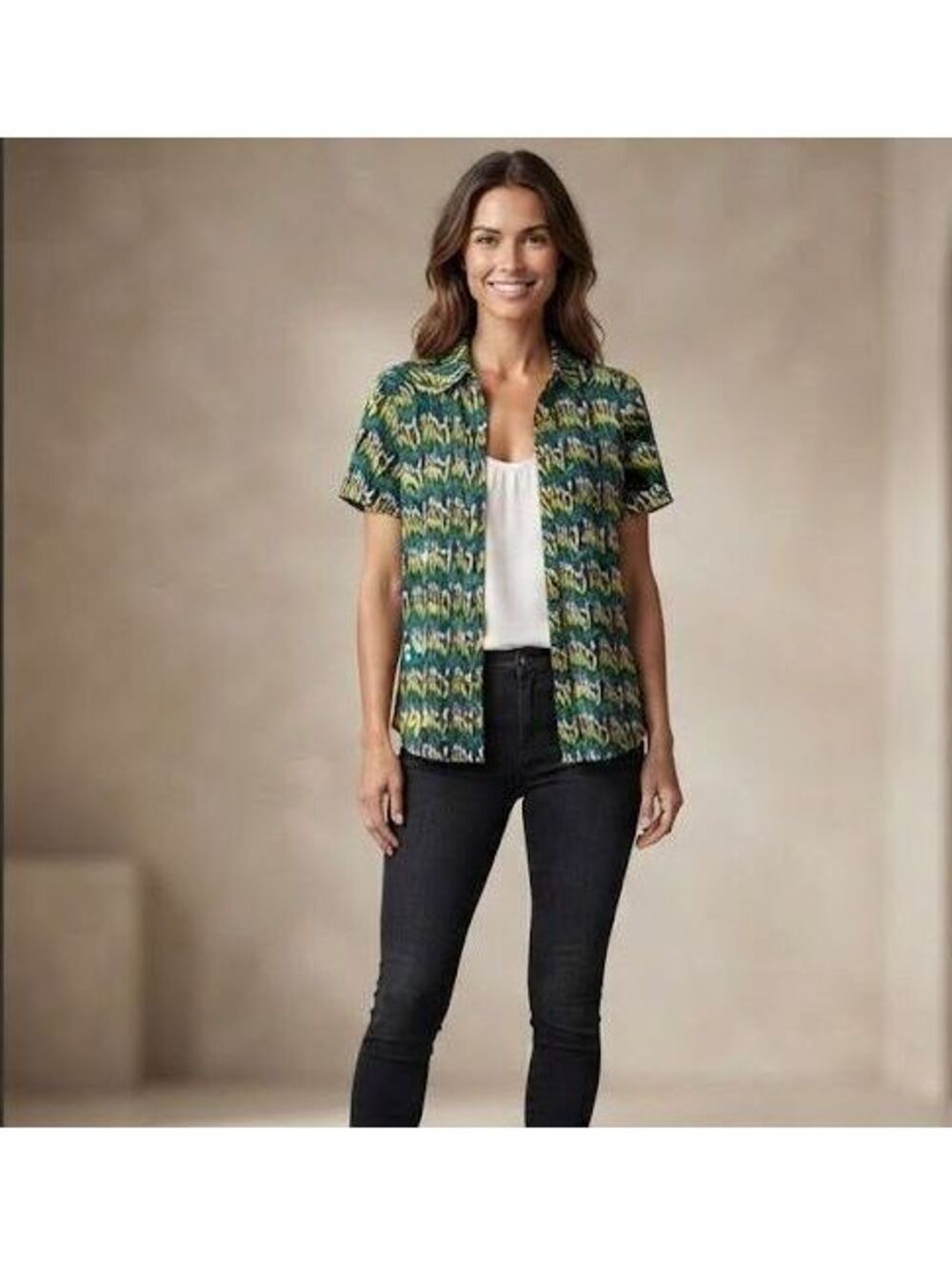 Notations Mock Layer Zig Zag Blouse Womens Small Green